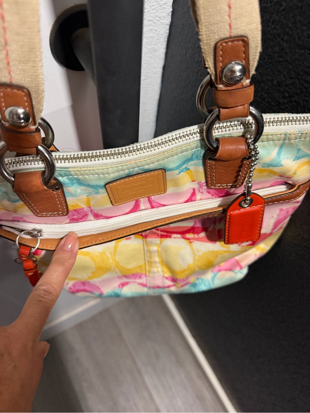 Coach Multicolor Signature Print Canvas Tote with Tan Leather Trim - Picture 6 of 9
